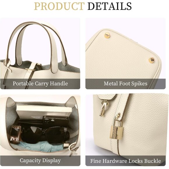 ⚡Women 07BeigeTrendy Genuine Leather Imported Bucket Bag Tote Top Handle Purses - Picture 5 of 6